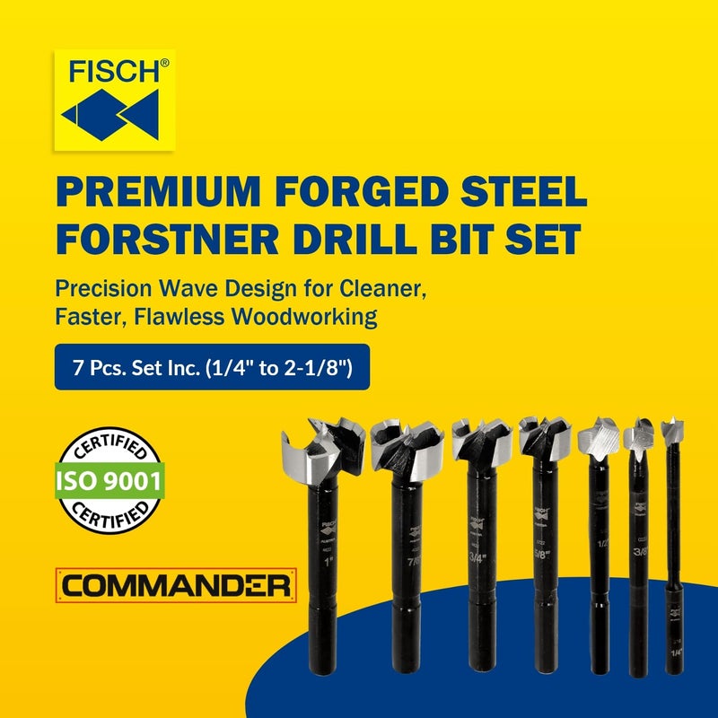 Fisch Black Shark Forged Steel Forstner Drill Bit Set for Woodworking, Precision Wave Design, Clean Cuts in Hardwoods, MDF and Plywood, Made in Austria 7 Pcs Set Inc (1/4" to 2-1/8") in Blister Pack - Image 2